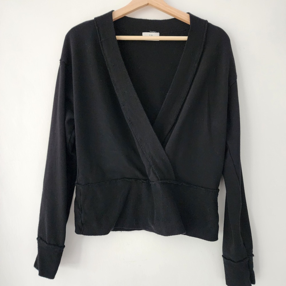 T.La Anthropologie Black Wrap V Neck Long Sleeve‎ Sweatshirt Top Women's Size S